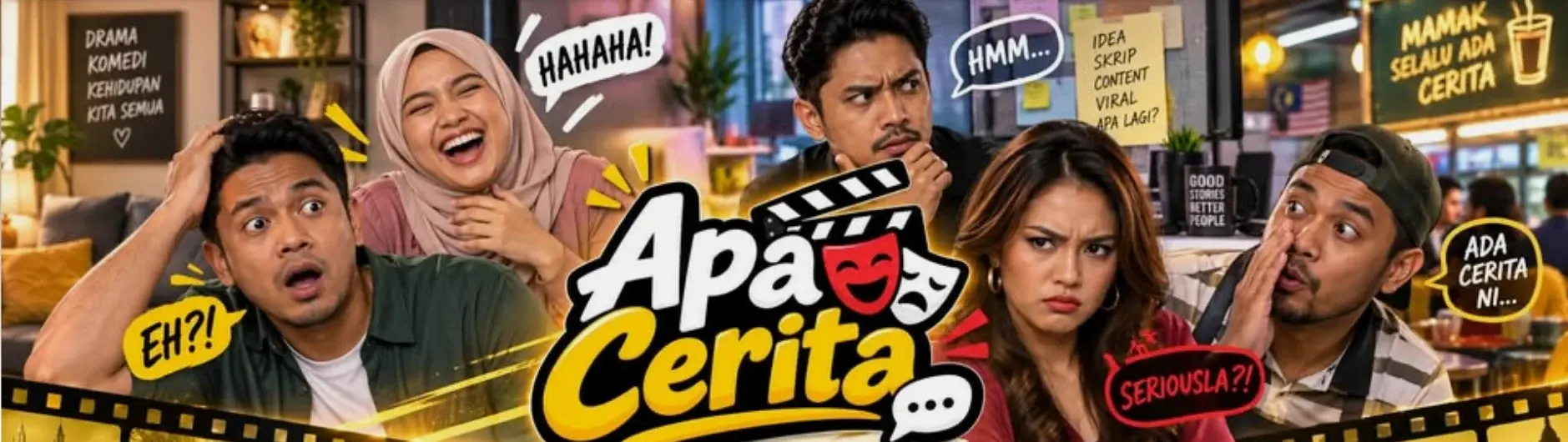 Apa Cerita? cover art: five AI-generated characters reacting around the show's logo in a mamak setting.
