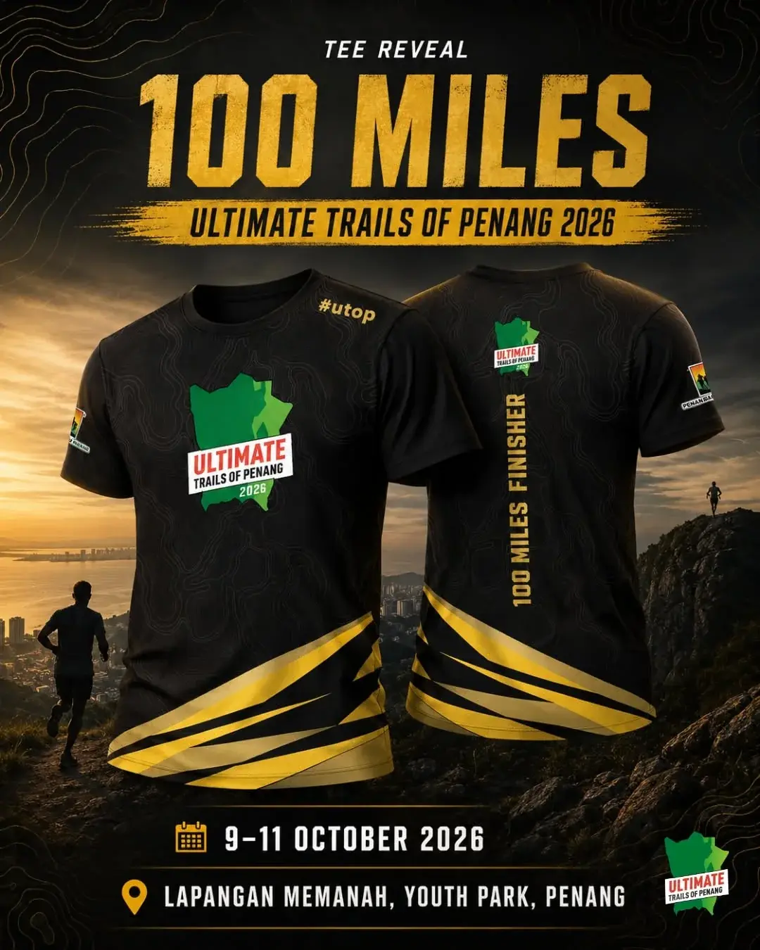 Tee reveal post for the 100 Miles category: a black and gold race tee, front and back, on a dusk mountain ridge.